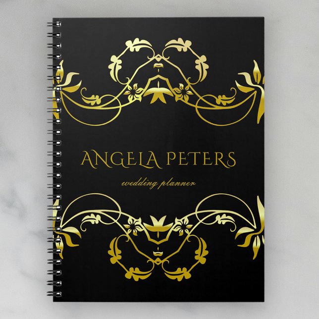 Elegant Golden Floral Filigree Ornaments on Black Notebook (Creator Uploaded)