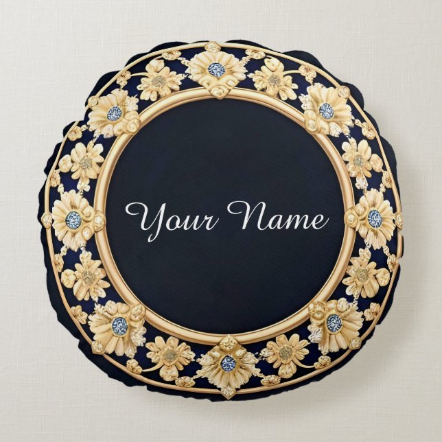 Elegant Golden Floral Frame Round Cushion (Front)