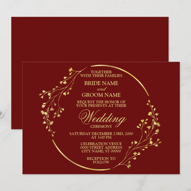 Elegant Golden Floral Geometric Wreath Red Invitation (Front/Back)
