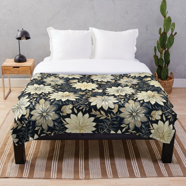 Elegant Golden Floral Harmony on a dark background Fleece Blanket (Creator Uploaded)