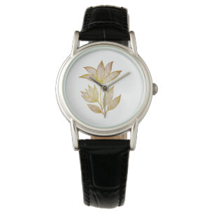 Elegant Golden Floral Leather Watch