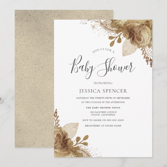 Elegant Golden Floral Neutral Baby Shower Invite (Front/Back)