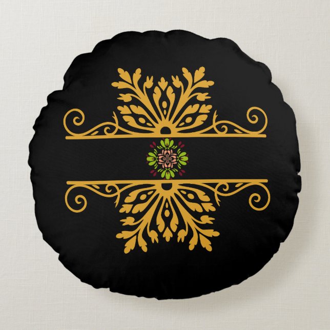 Elegant Golden Floral Ornament Baroque Style Round Cushion (Front)
