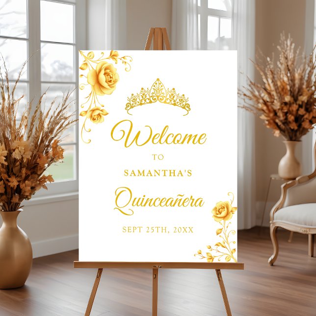 Elegant Golden Floral Quinceañera Welcome Sign (Creator Uploaded)