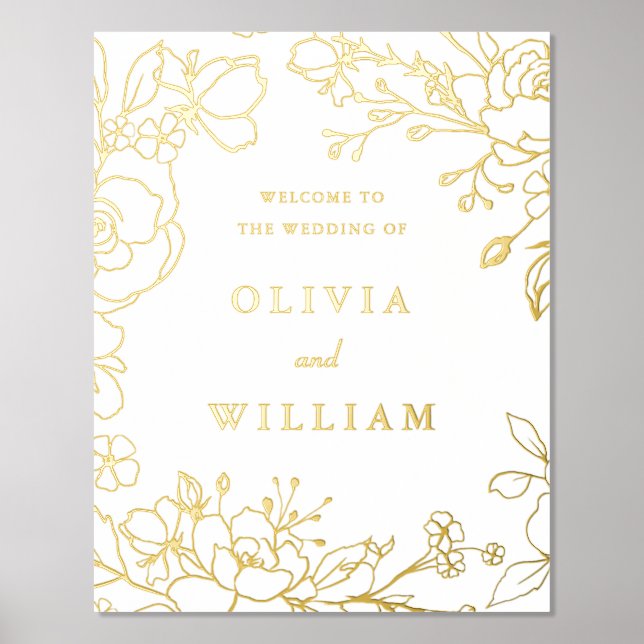 Elegant Golden Floral Wedding Ceremony Welcome Foil Prints (Front)