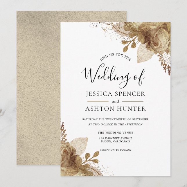 Elegant Golden Floral Wedding Invitation (Front/Back)