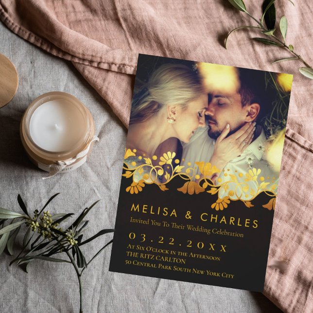 Elegant golden flourish monogram floral photo foil holiday card (Gold foil photo wedding invitation)