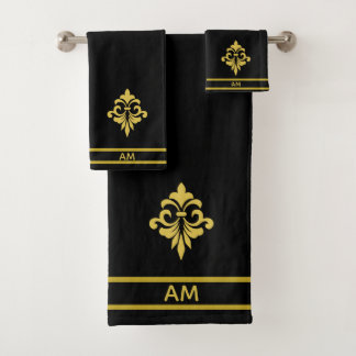 Elegant Golden Flower, Monogram & Stripes on Black Bath Towel Set