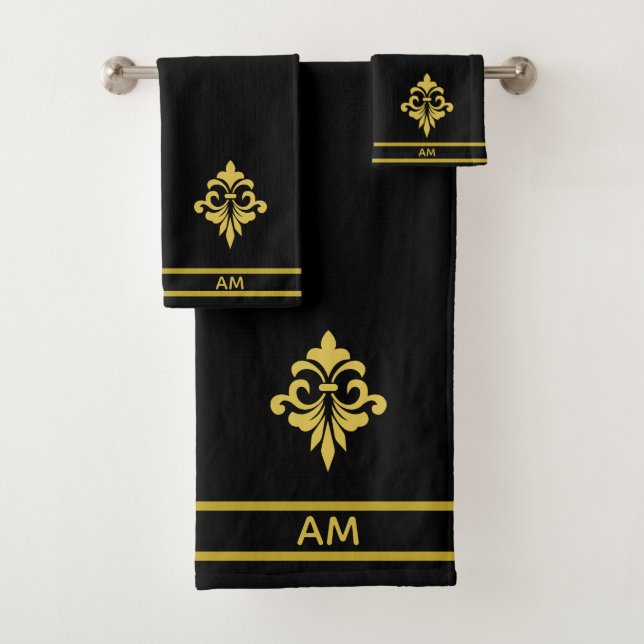Elegant Golden Flower, Monogram & Stripes on Black Bath Towel Set (Insitu)