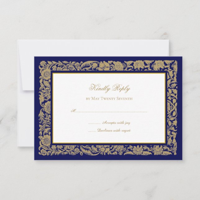 Elegant Golden Flowers and Dark Blue Wedding RSVP Card (Front)