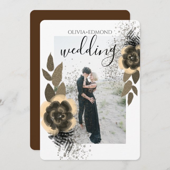 Elegant Golden Flowers Frame Photo Wedding Invitation (Front/Back)