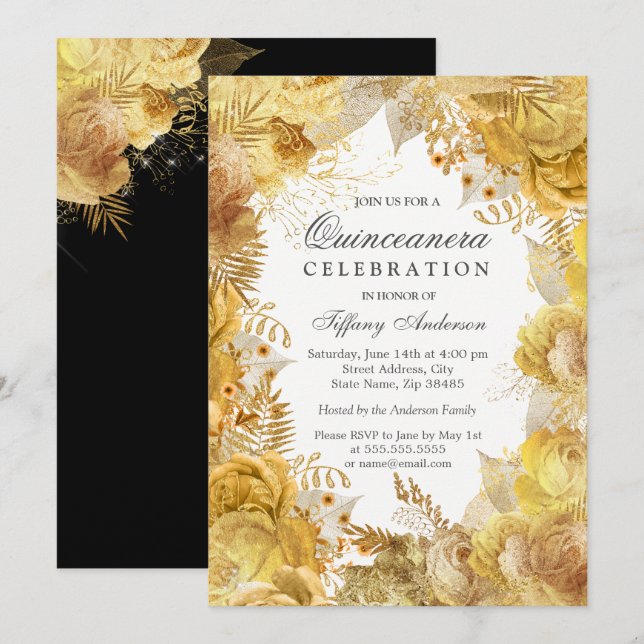 Elegant Golden Flowers Quinceanera Celebration Invitation (Front/Back)