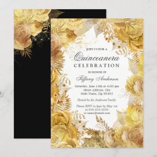 Elegant Golden Flowers Quinceanera Celebration Invitation