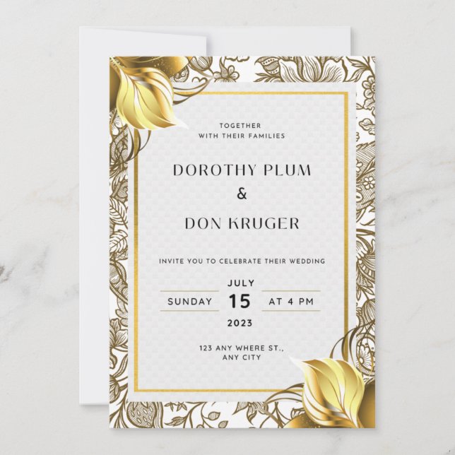 Elegant Golden Flowers Wedding Invitations (Front)