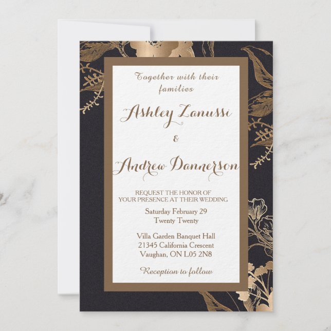 Elegant Golden Flowery Wedding Invitation (Front)