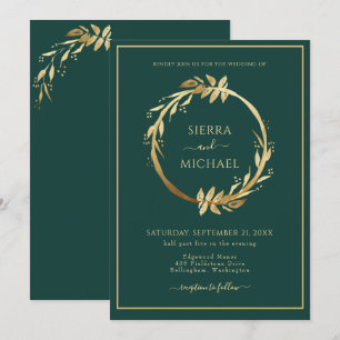 Elegant Golden Foliage Emerald Green Wedding Invitation