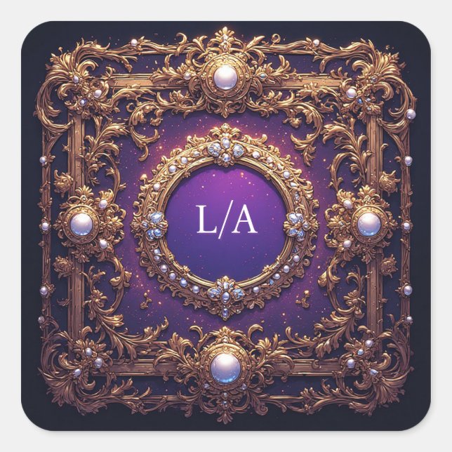 Elegant Golden Frame with Pearls Square Sticker (Front)