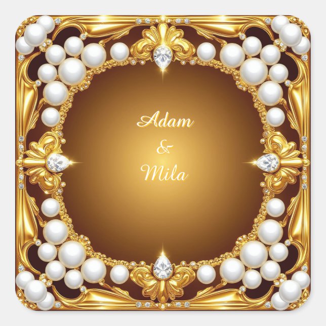 Elegant Golden Frame with Pearls Square Sticker (Front)