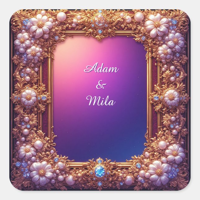 Elegant Golden Frame with Pearls Square Sticker (Front)