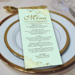 Elegant Golden Frills on Mint Green Wedding Menu<br><div class="desc">This beautiful menu will add some style to your wedding reception. It features a beautiful design with ornate golden faux foil curls and swirls on a pale mint green coloured background. There is space for the names of the couple and wedding date, and the text is fully customisable. Classy, stylish,...</div>