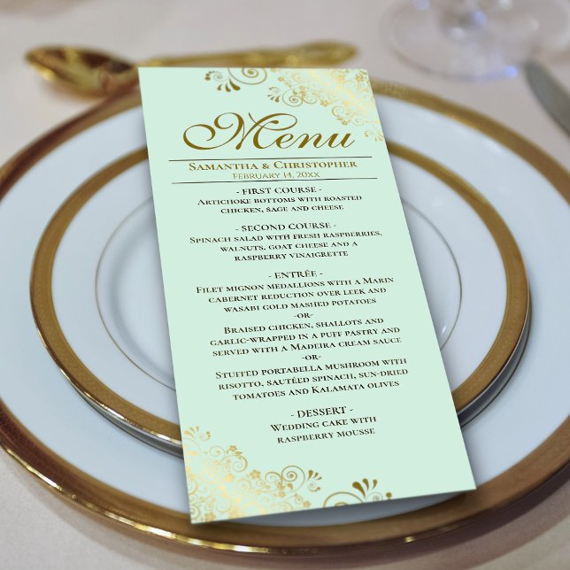 Elegant Golden Frills on Mint Green Wedding Menu (On Plate)
