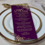 Elegant Golden Frills on Plum Purple Wedding Menu<br><div class="desc">This beautiful menu will add some style to your wedding reception. It features a beautiful design with ornate golden faux foil curls and swirls on a deep plum purple or eggplant coloured background. There is space for the names of the couple and wedding date, and the text is fully customisable....</div>