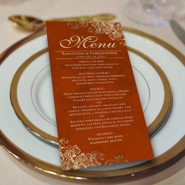 Elegant Golden Frills on Rust Orange Wedding Menu (On Plate)