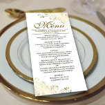 Elegant Golden Frills on White Wedding Menu<br><div class="desc">This beautiful menu will add some style to your wedding reception. It features a beautiful design with ornate golden faux foil curls and swirls on a classic white background. There is space for the names of the couple and wedding date,  and the text is fully customisable.</div>