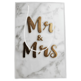 Elegant Golden Glitter "Mr & Mrs" on a Marble Back Medium Gift Bag