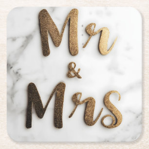 Elegant Golden Glitter "Mr & Mrs" on a Marble Back Square Paper Coaster