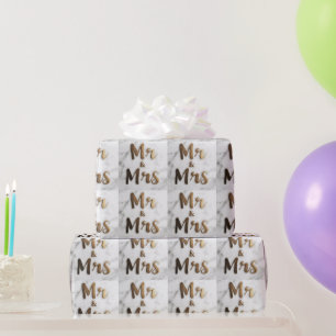 Elegant Golden Glitter "Mr & Mrs" on a Marble Back Wrapping Paper