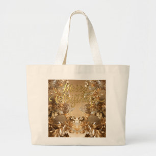 Elegant Golden glitter Snowflakes Merry Christmas Large Tote Bag