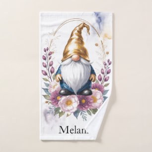 Elegant Golden Gnome in Floral Bouquet Hand Towel