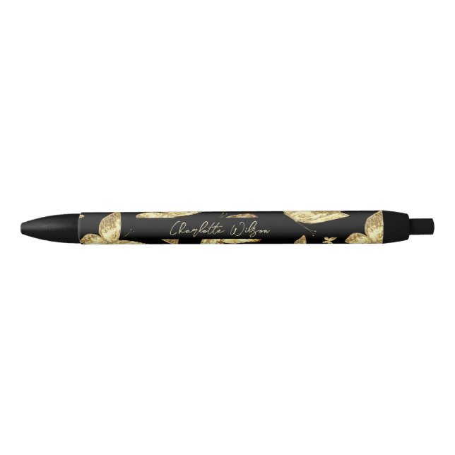 Elegant Golden Gold Butterfly Script Name Monogram Black Ink Pen (Front)