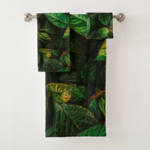 Elegant Golden Green Leaves   Towel Set