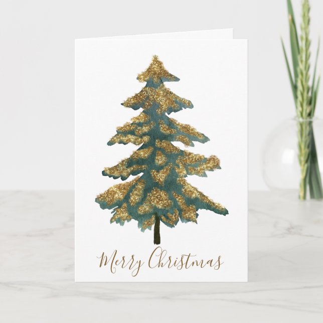 Elegant Golden Green Merry Christmas Tree Photo Holiday Card (Front)