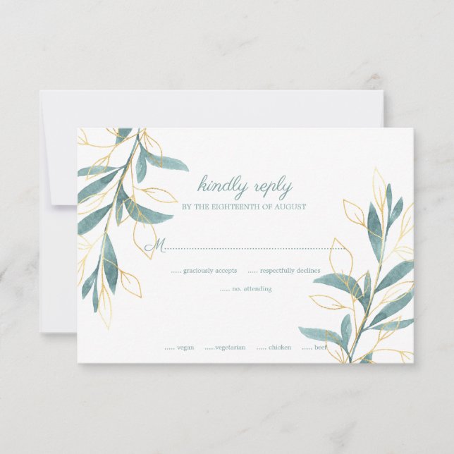 Elegant Golden Green Watercolor Floral Wedding RSVP Card (Front)