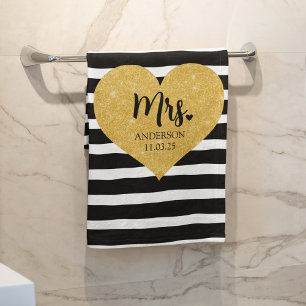 Elegant Golden Heart Black Stripes Just Married Bath Towel