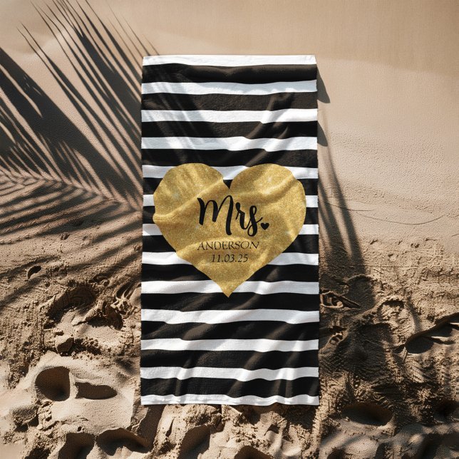 Elegant Golden Heart Black Stripes Just Married Beach Towel (Creator Uploaded)