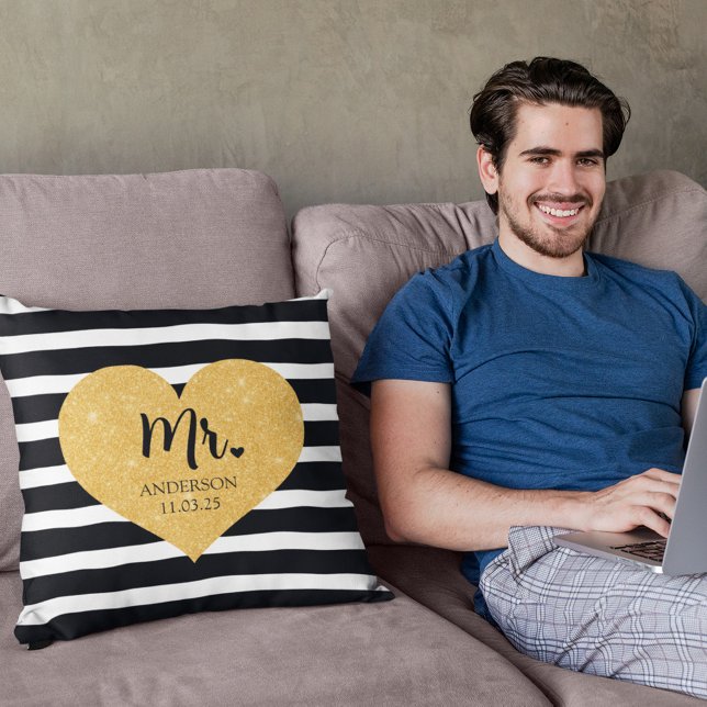 Elegant Golden Heart Black Stripes Just Married Cushion (Creator Uploaded)