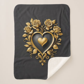 Elegant golden heart with blooming roses  sherpa blanket