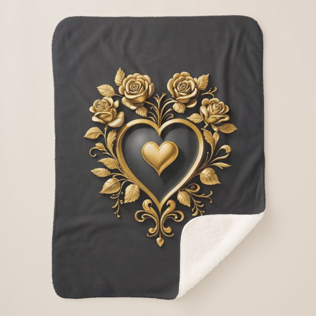 Elegant golden heart with blooming roses  sherpa blanket (Front)
