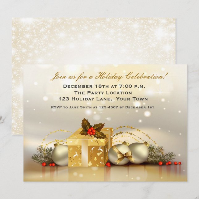 Elegant Golden Holiday Party Invitation (Front/Back)