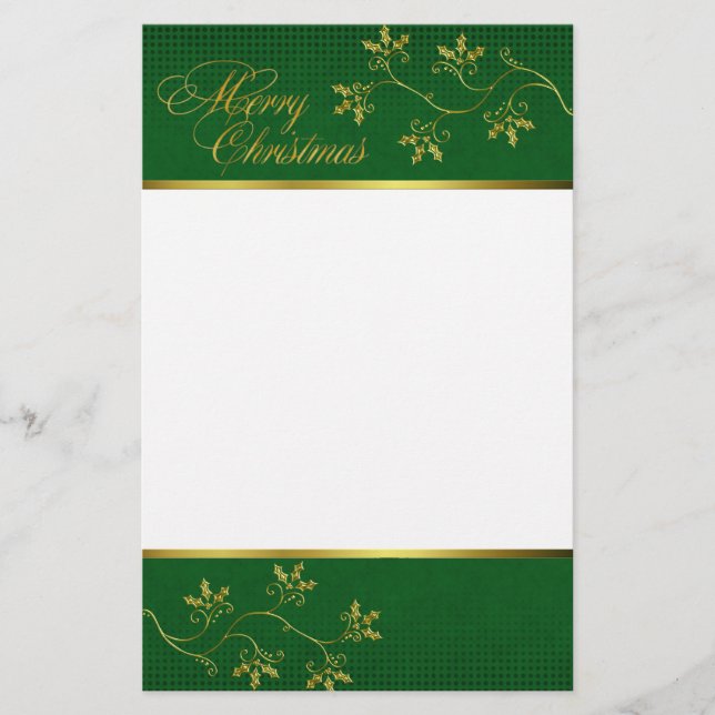 Elegant Golden Holly Christmas Stationery (Front)