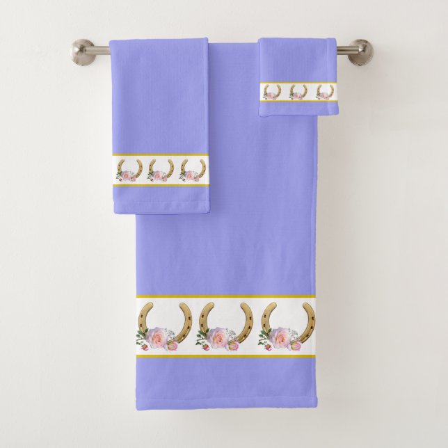 Elegant, Golden Horseshoes on White & Light Blue Bath Towel Set (Insitu)