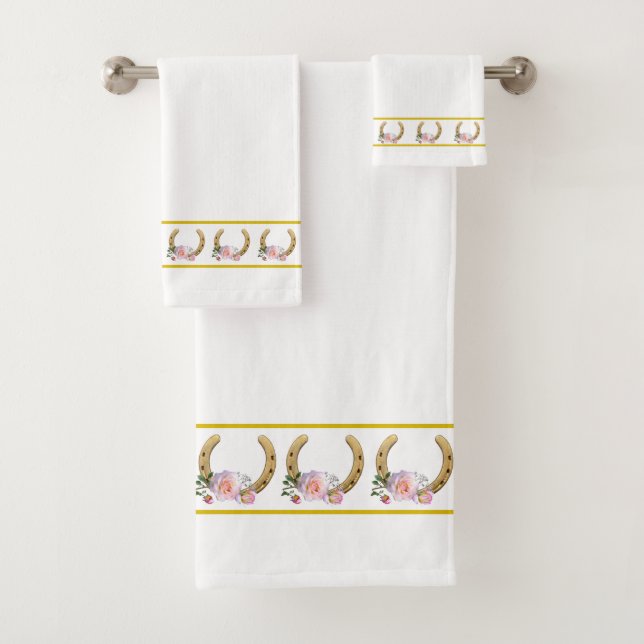 Elegant, Golden Horseshoes with Flowers on White Bath Towel Set (Insitu)