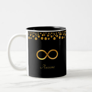 Elegant Golden Infinity Symbol & Confetti on Black Two-Tone Coffee Mug