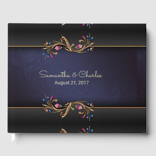 Elegant Golden Jewel Flowers Wedding Guest Book (Front)