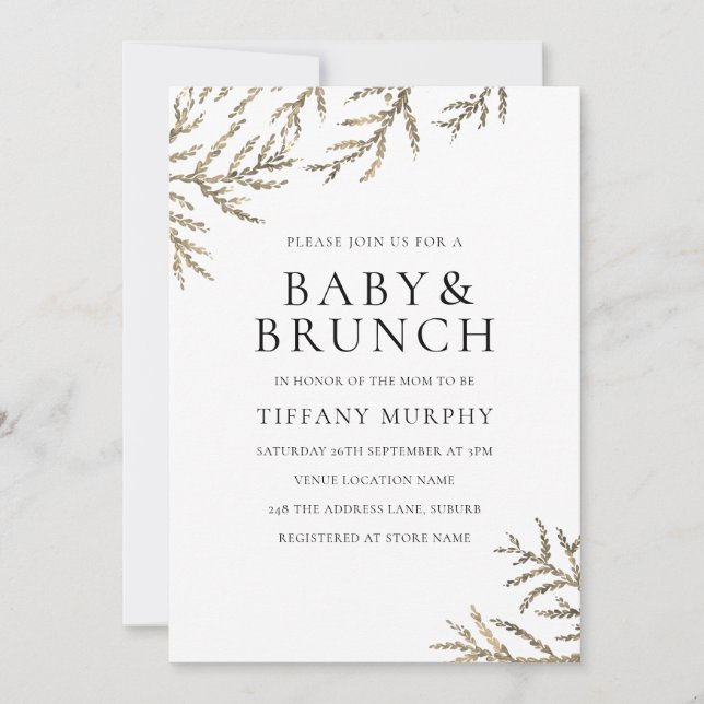 Elegant Golden Leaf Boy or Girl Baby Shower Invite (Front)