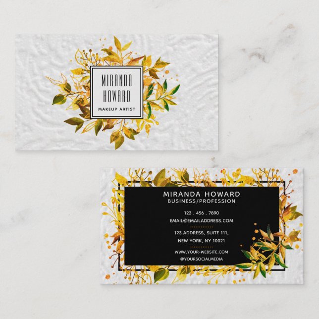 Elegant Golden Leaf Branch Floral Business Card (Front/Back)
